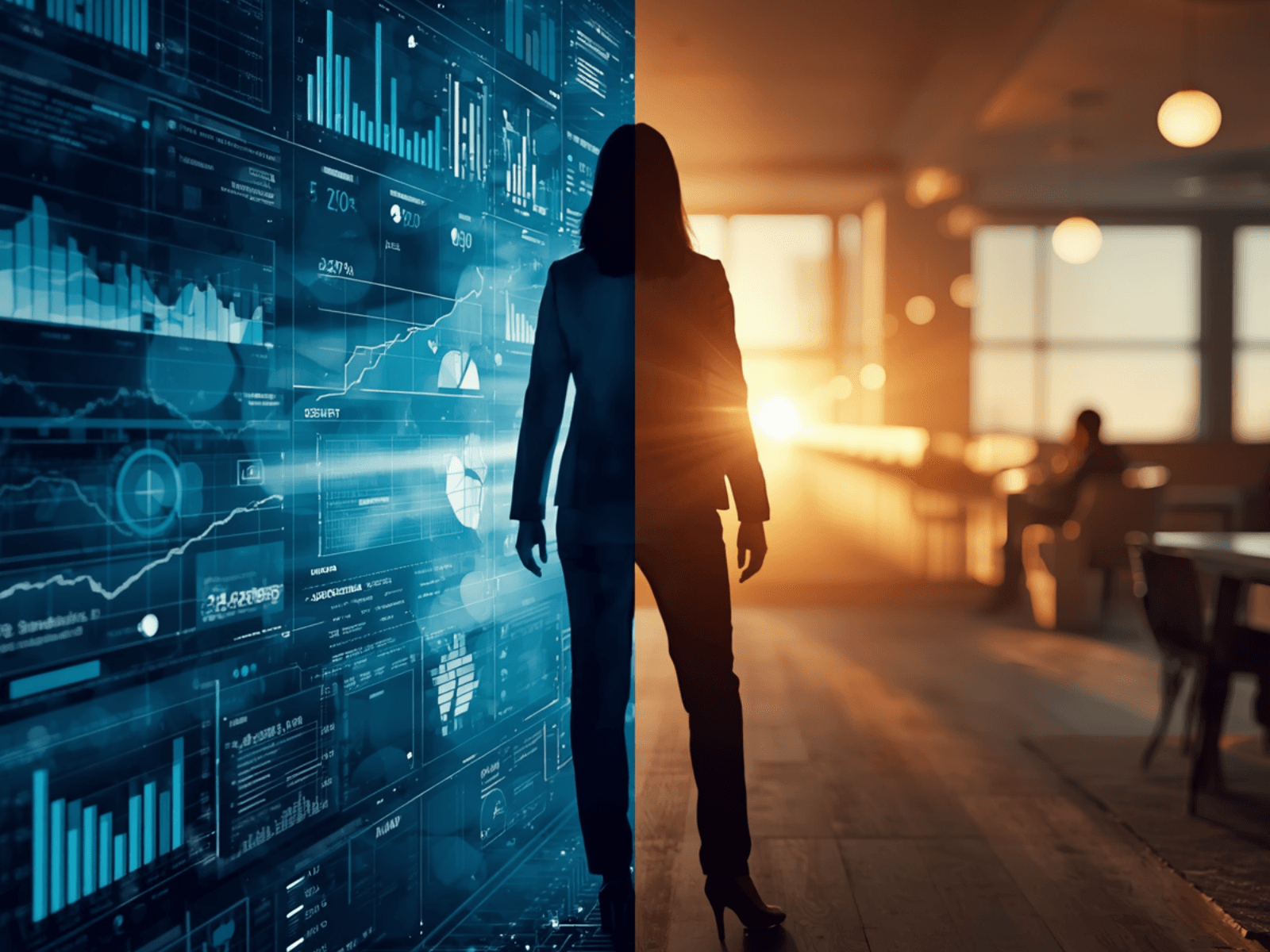 Picture of a woman in a suit facing a wall of analytics and a room of warm light.